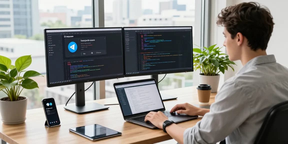 Download Telegram on a modern workspace with a developer programming on dual monitors, showcasing productivity and innovation.
