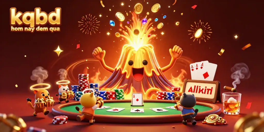 Experience the excitement of kqbd hom nay dem qua with a golden volcano erupting coins, surrounded by dynamic poker elements and joyous characters.