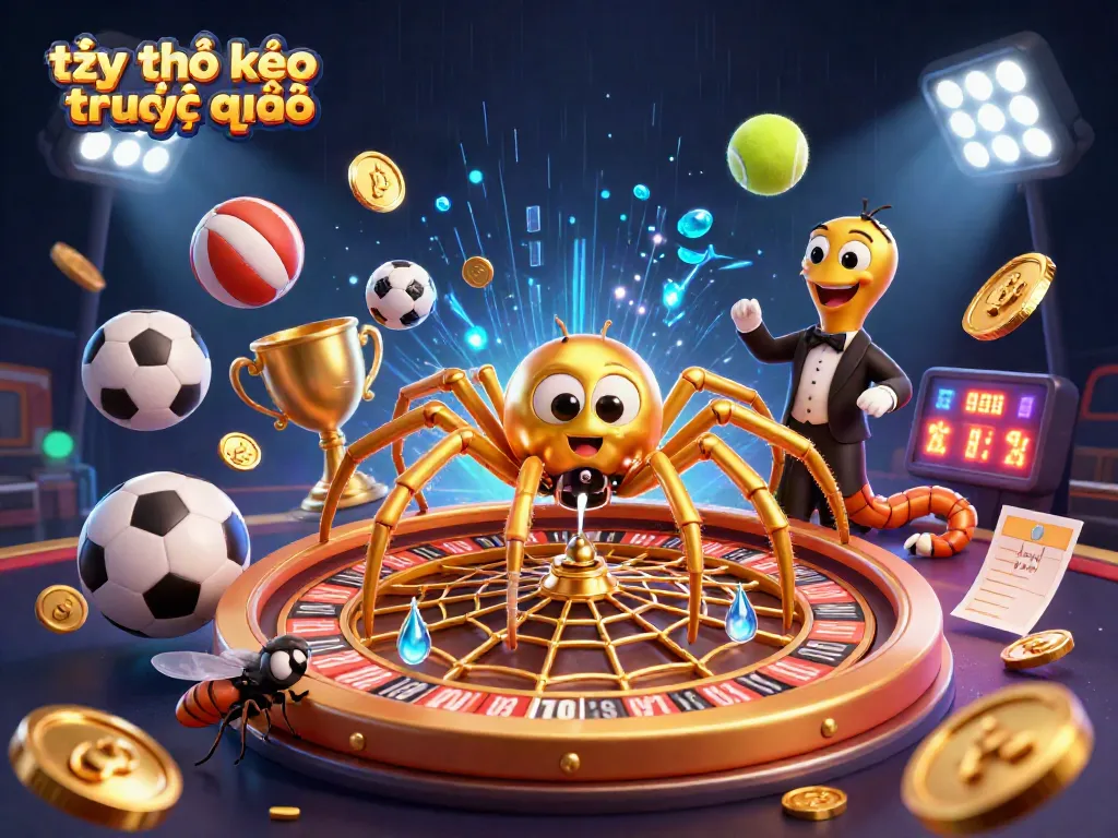 Experience the thrilling tỷ lệ kèo trực tuyến as a fly bets on a spider's roulette web, amid dynamic sports action.
