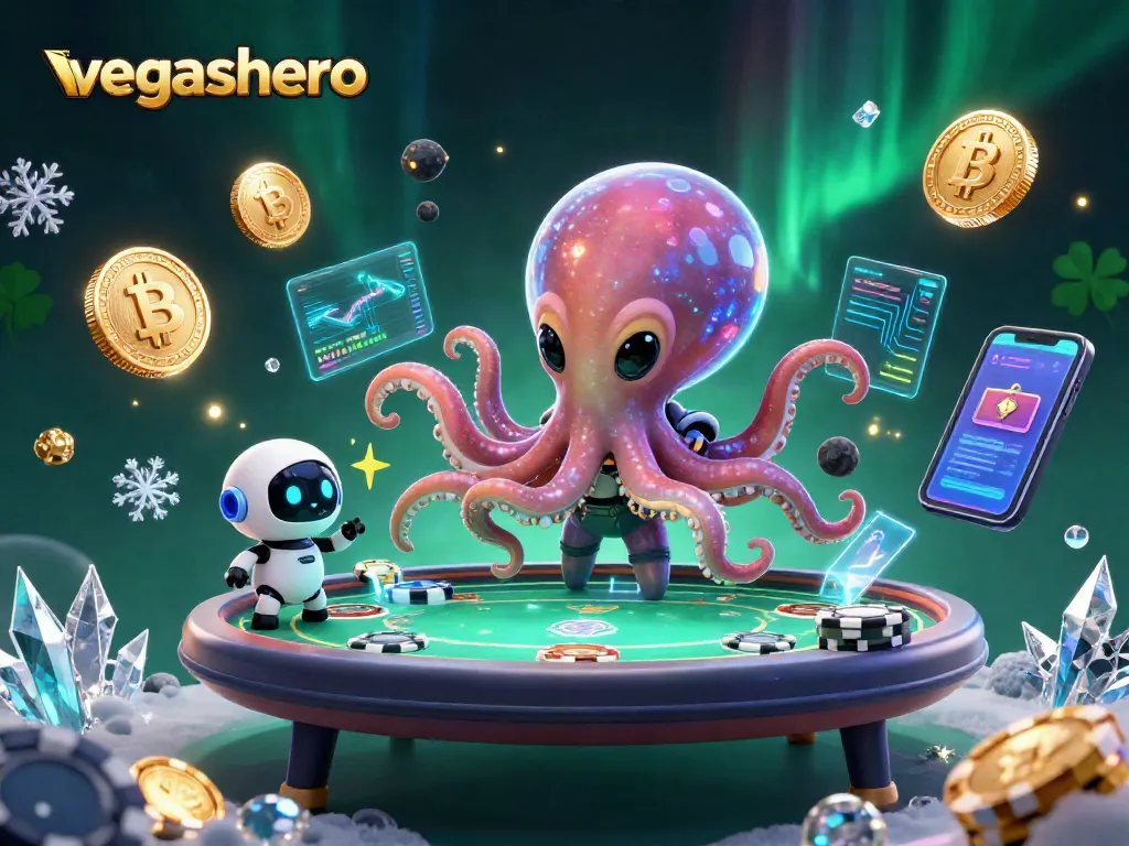 Engage with vegashero's thrilling gaming experience featuring an alien octopus at a holographic poker table.