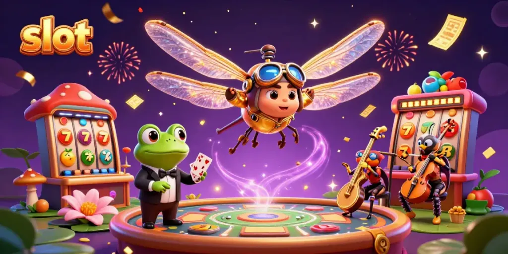 Engage in thrilling slot games with vibrant characters and casino elements in a colorful 3D scene