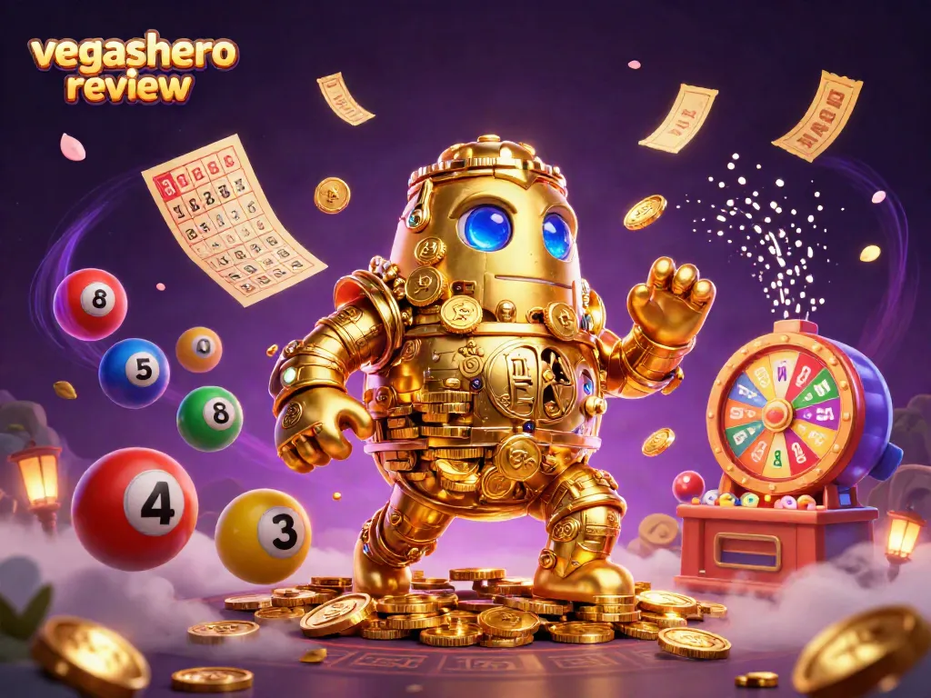 Experience the excitement of VegasHero Review with a vibrant casino-themed illustration featuring golems and games.