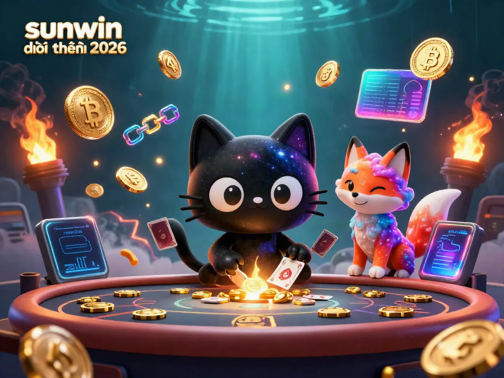 Experience the exciting world of sunwin đổi thưởng 2026 with a black hole cat and galaxy fox engaging around casino elements.