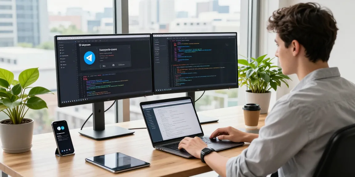 Download Telegram on a modern workspace with a developer programming on dual monitors, showcasing productivity and innovation.