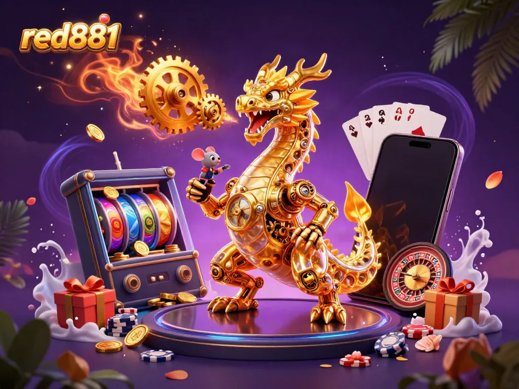 Experience the excitement of red881 with a dynamic 3D illustration of a golden dragon and gaming elements.
