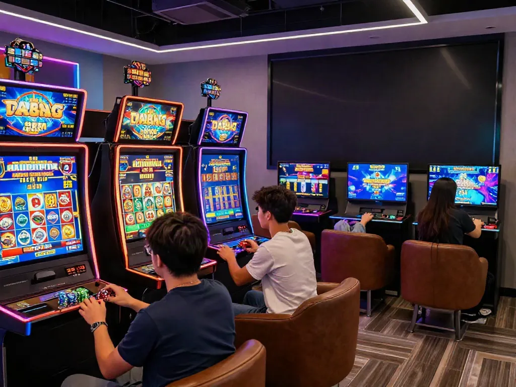 Players enjoying diverse slot games at DA88's vibrant gaming lounge, symbolizing excitement and community.