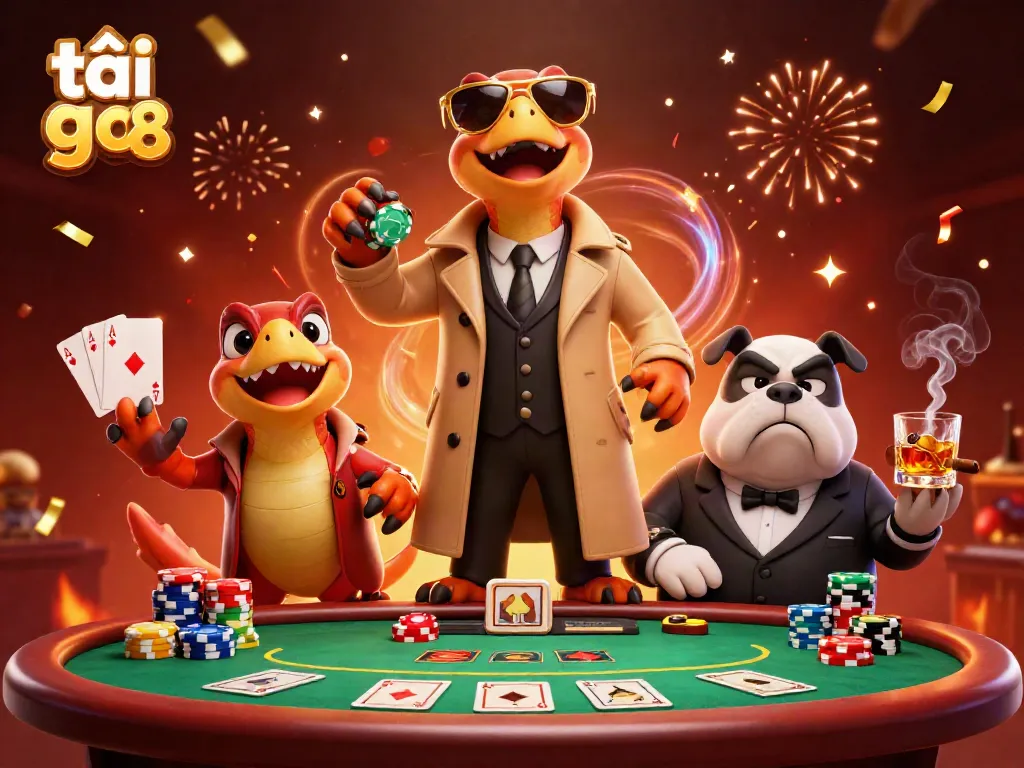 Experience the excitement of tải go 88 in this vibrant casino scene showcasing cartoon raptors and a bulldog bouncer.