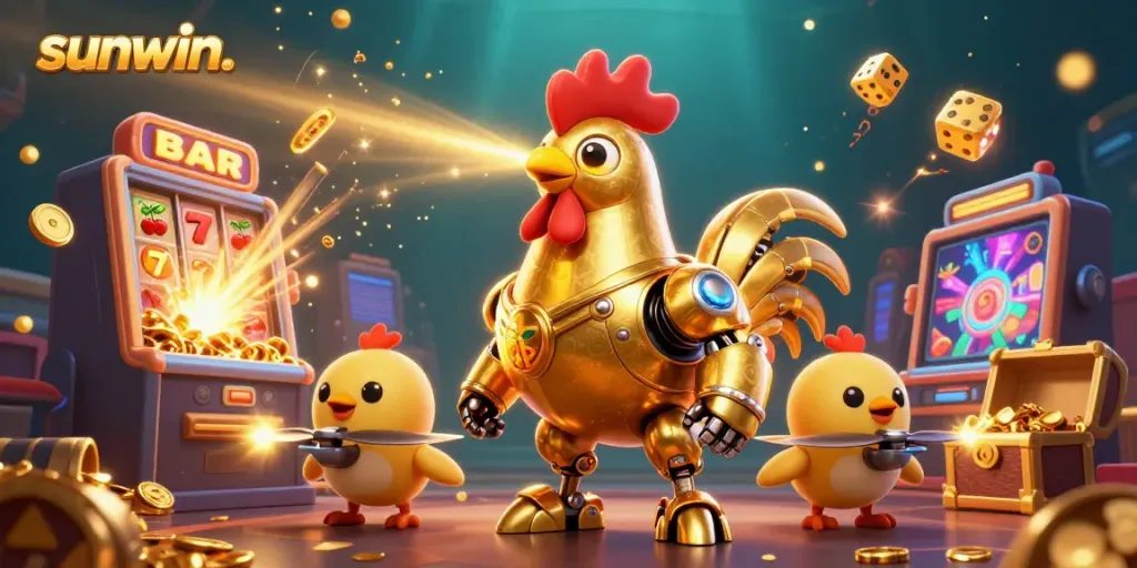 Experience the thrill of sunwin. with a golden rooster robot and baby chick drones celebrating a jackpot explosion.