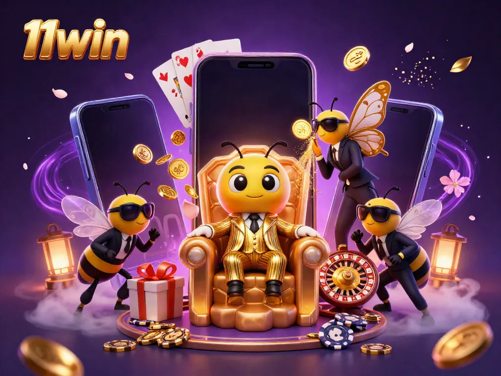 Experience the excitement of 11win with a dazzling bumblebee boss in a lively casino scene.