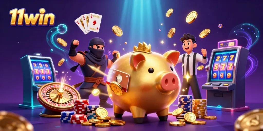Participate in exciting casino action with 11win as golden coins cascade from a victorious piggy bank.
