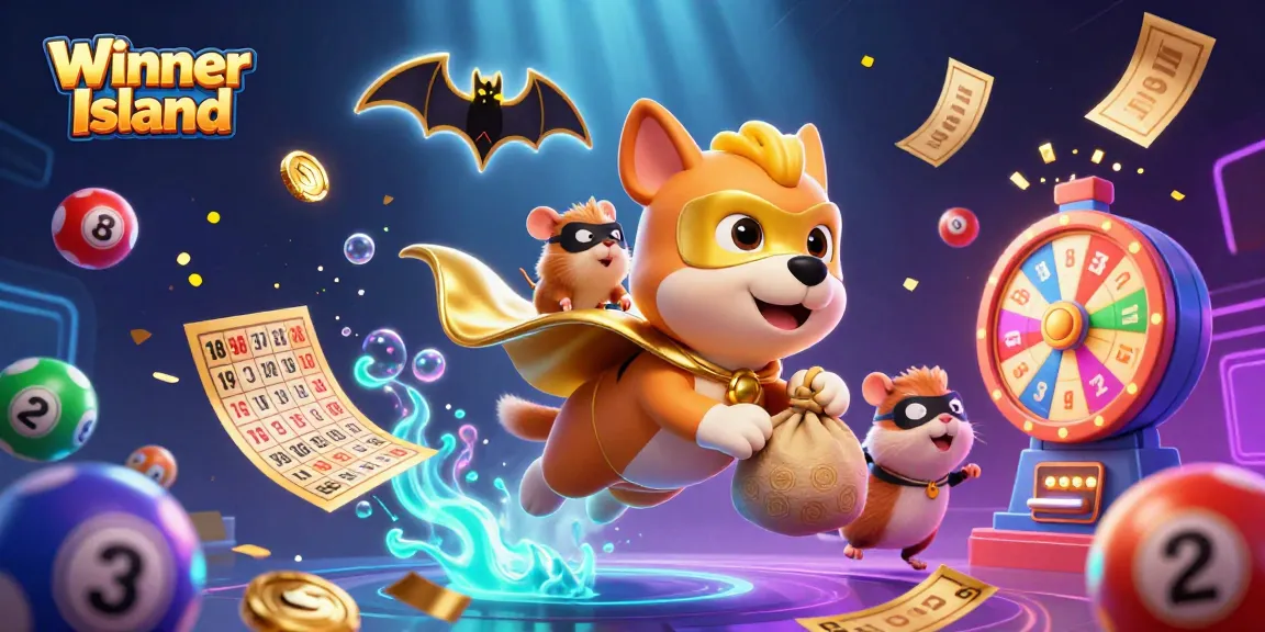 Winner Island casino scene with a superhero dog, hamster sidekick, poker chip signal, and vibrant game elements.