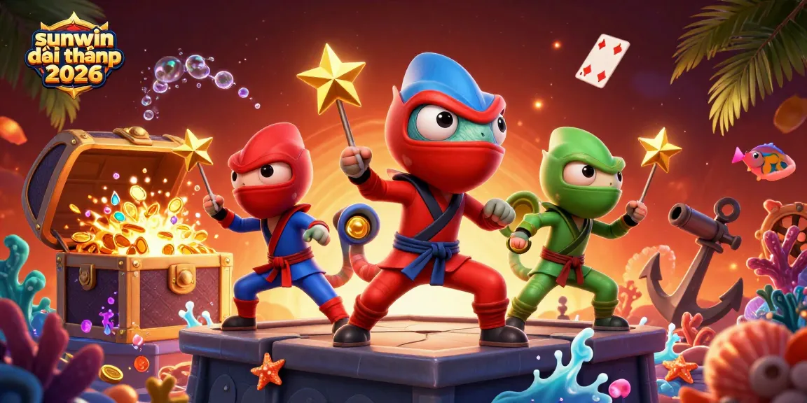 Win big with sunwin đổi thưởng 2026 featuring a vibrant 3D ninja chameleon scene.