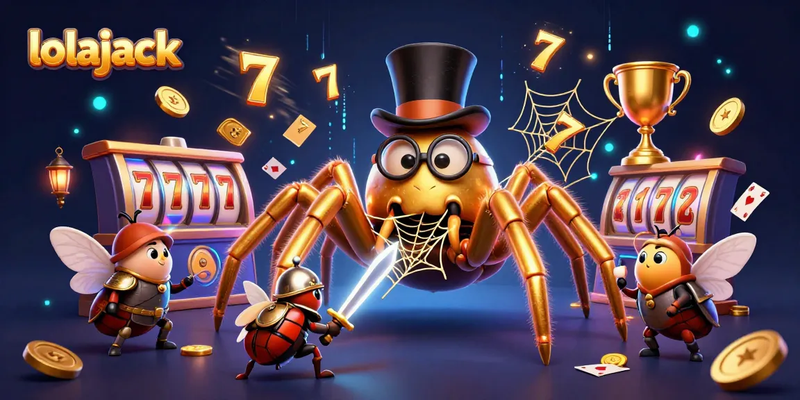 Experience thrilling action at lolajack Casino with a golden tarantula, knight, and vibrant slot elements.