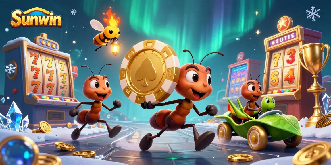 Engage with Sunwin as animated ants navigate a heist with oversized poker chips, surrounded by vibrant casino elements.