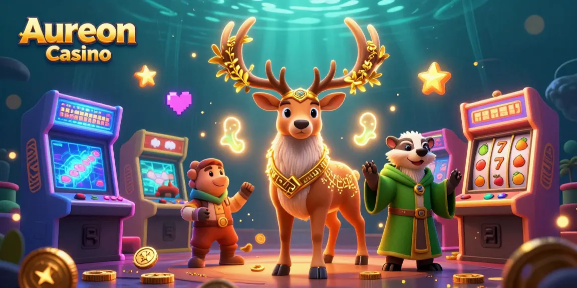 Aureon Casino features a lively 3D scene with a druid stag and a badger among casino game elements.